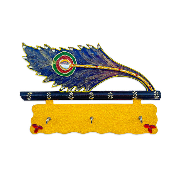 Blue Peacock Feather Wooden Key Hanger