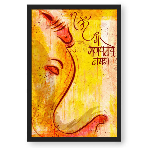 Red Yellow Ganesha Face With Mantra