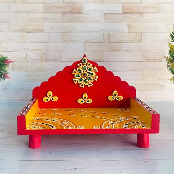 Red Yellow Wooden Puja Singhasan