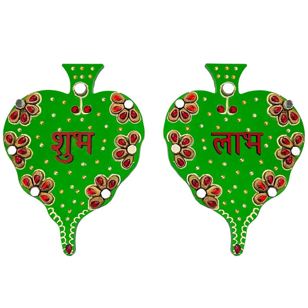 Green Hanging Paan Shape Wooden Shubh Labh