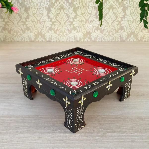 Small Brown Red Wooden Decorative Chowki