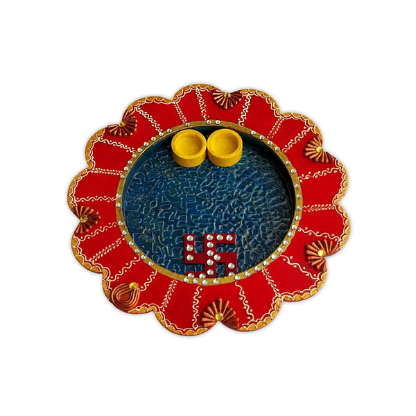 Red Blue Star Decorative Wooden Kumkum Thali