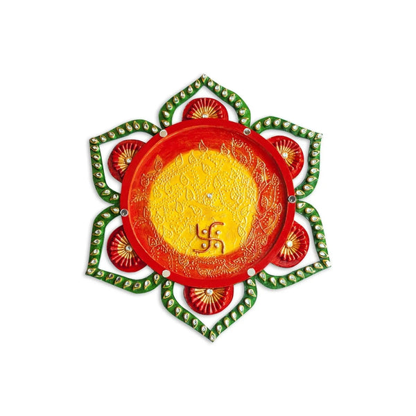 Red Yellow Star Decorative Wooden Kumkum Thali