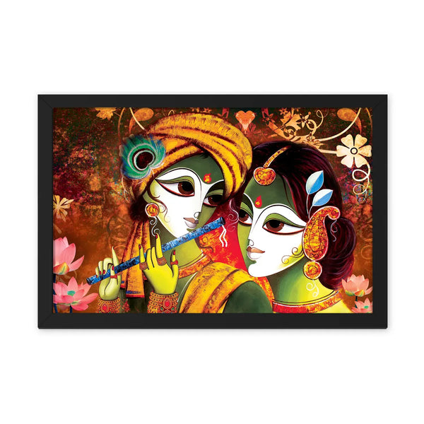 Radha Krishna Playing Flute In Floral Background