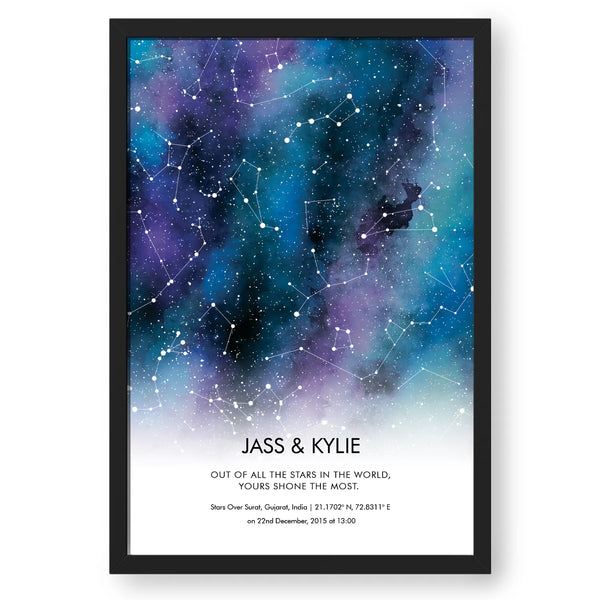 Personalized Zodiac And Stars Map - Coloured Splashes Faded