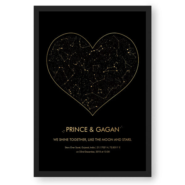Personalized Zodiac And Stars Map - Golden Heart