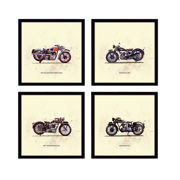 Collection Of 4 Abstract Artwork Of Vintage Motorcycles