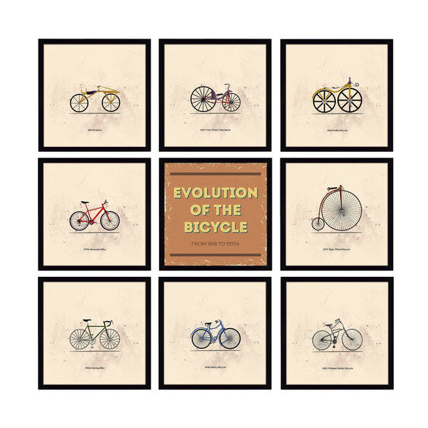 Abstract Art Grid Of Bicycle Evolution In 9 Eccentric Digital Prints With Frame