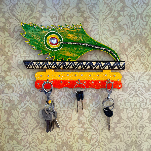 Green Peacock Feather Wooden Key Hanger