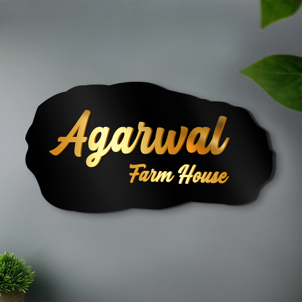 Modern Custom 3D Acrylic Name Plate – Golden Cutout Letters on Black Acrylic Background