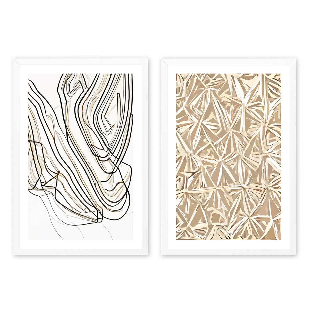 Free Hand Lines & Block Prints Framed BOHO Art- Set Of 2