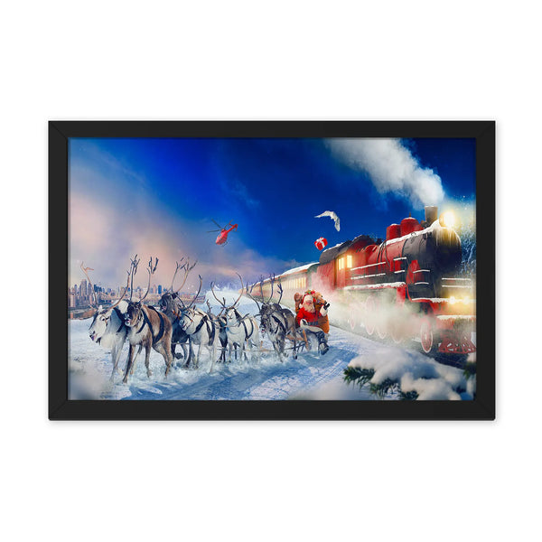 Santa Riding Reindeer Near Train