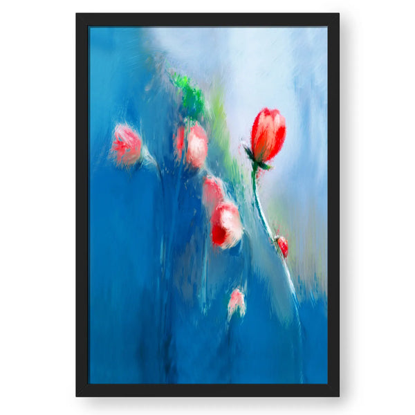 Red Flowers With Long Stem Blue Artwork