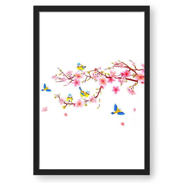 Pink Floral And Birds Artwork Framed