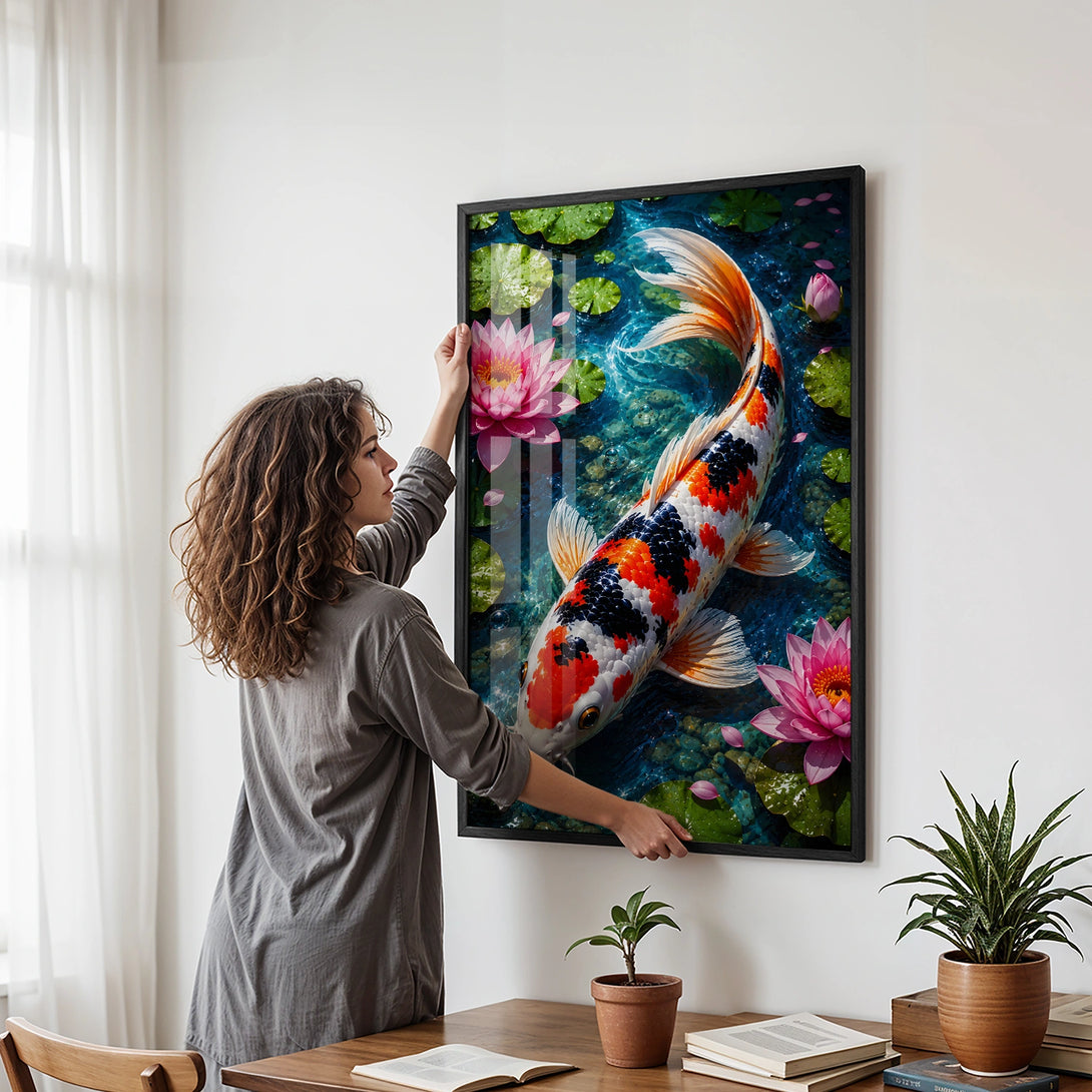 Japanese Koi Fish Wall Art - Lucky Lotus Pond Feng Shui Home Decor ...