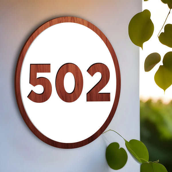 Modern Round Engraved Wooden House Number Name Plate