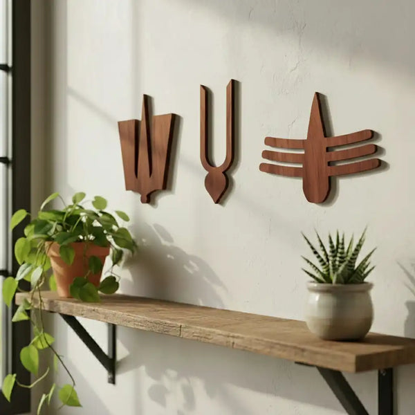 Wooden Decor of Tilaks of Vishnu, Krishna and Shiva - Set of 3