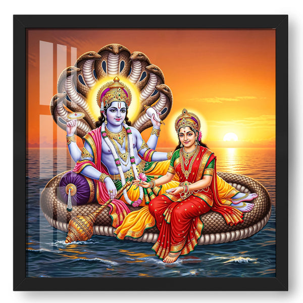 Black frame Vishnu-Lakshmi inspired spiritual artwork for puja room
