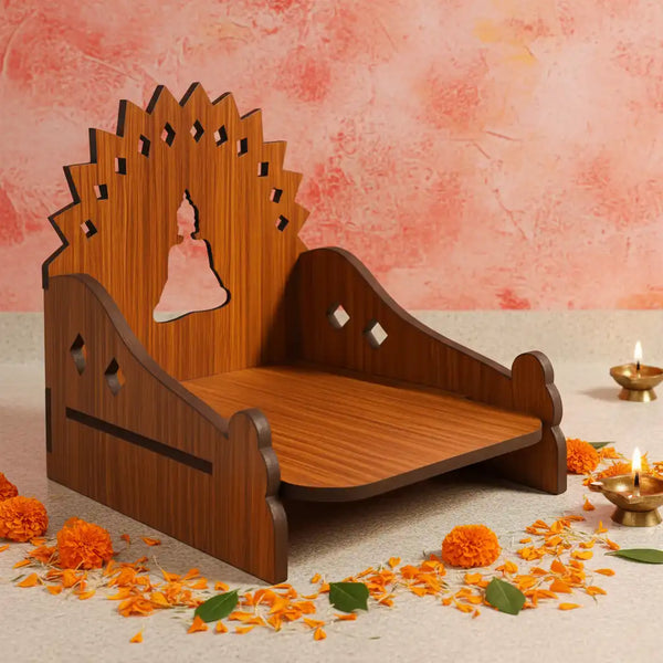 Wooden MDF Brown Singhasan/Temple/Pooja Chowki with Buddha Mandala Backdrop