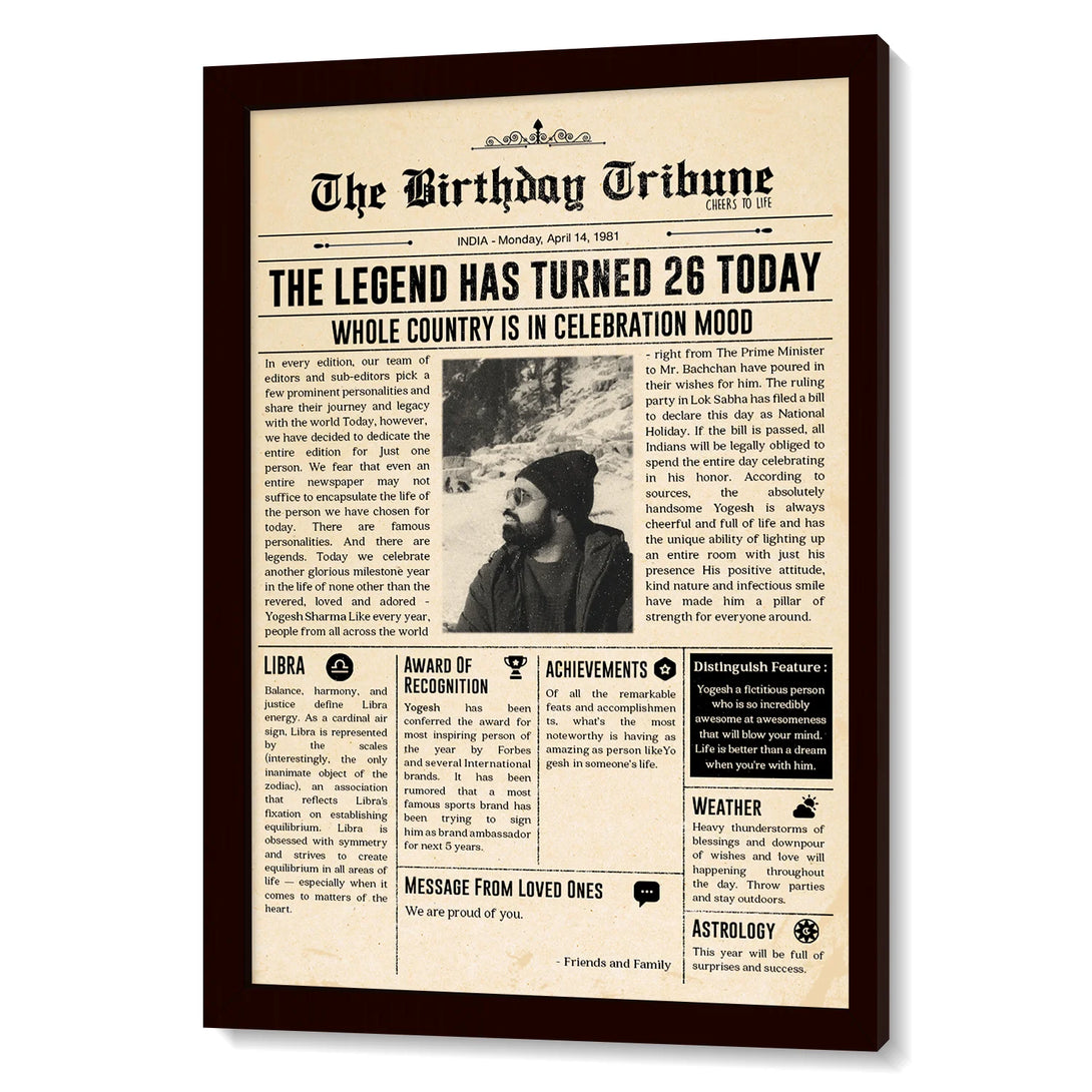 Custom news article digital print with friend's life story
