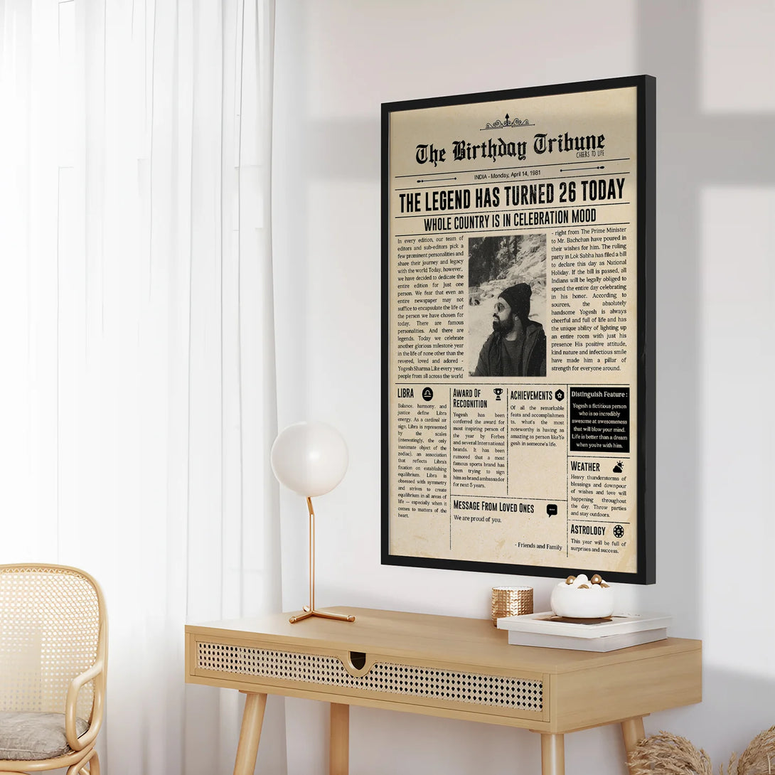Custom white framed headline art with birthday message.
