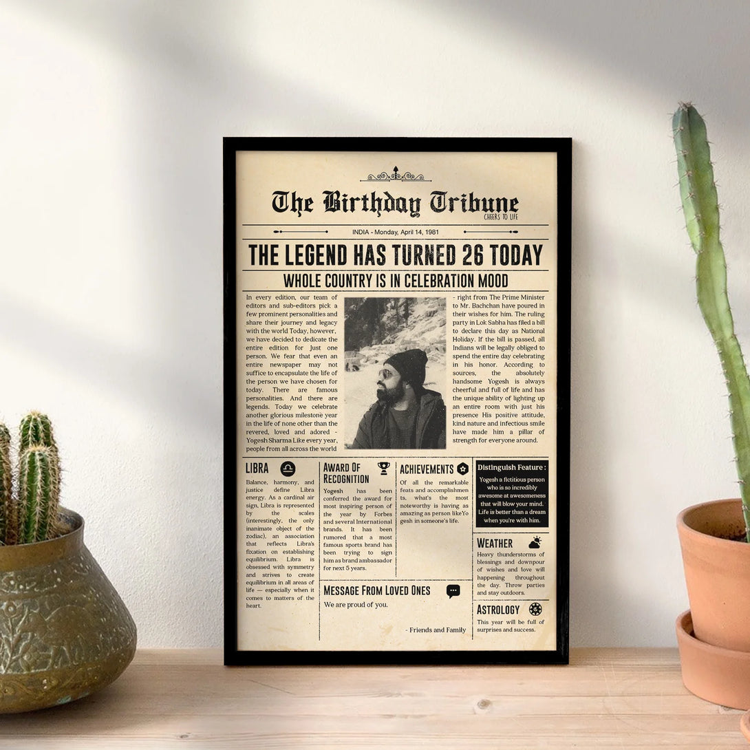 Custom white framed headline art with birthday message