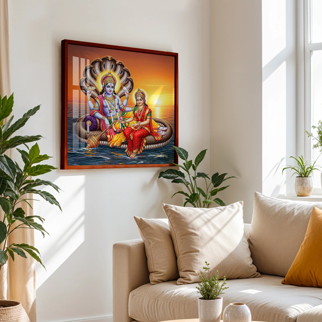 Dark brown framed spiritual artwork of Vishnu and Lakshmi for home decoration

