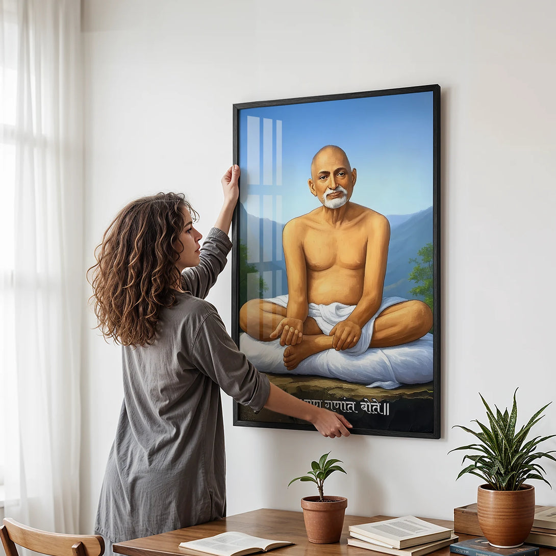 Elegant Gajanan Maharaj Ji artwork in black frame for spiritual space