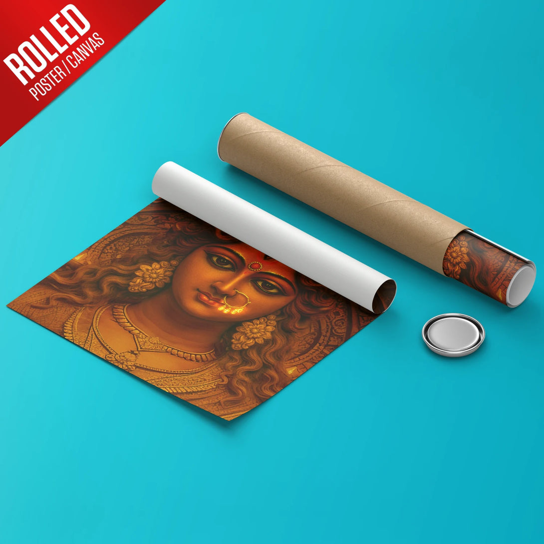 Elegant Maa Durga poster with intricate details on rolled paper
