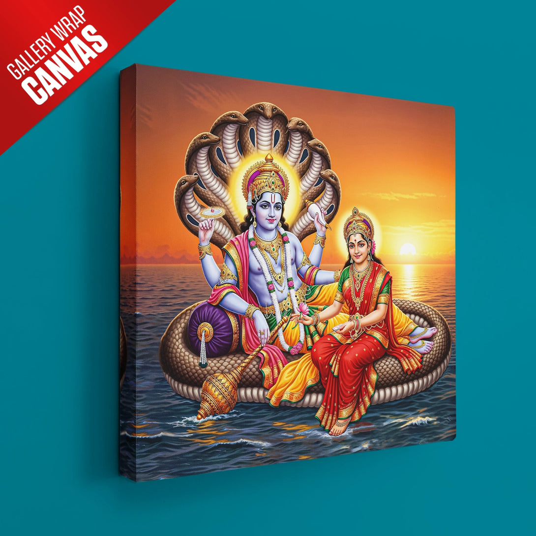 Elegant gallery wrap canvas of Vishnu and Lakshmi with ocean sunset scene
