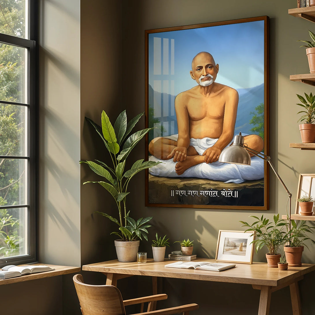 Gajanan Maharaj Ji divine painting in dark brown frame for temple