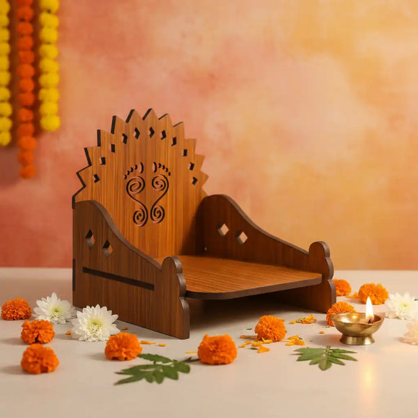 Wooden MDF Brown Singhasan/Temple/Pooja Chowki with Charan Paduka Mandala Backdrop