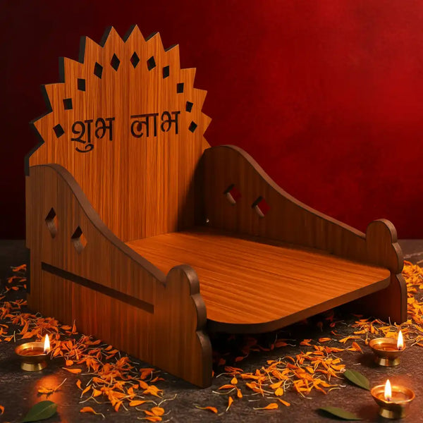 Wooden MDF Brown Singhasan/Temple/Pooja Chowki with Shubh Labh Mandala Backdrop