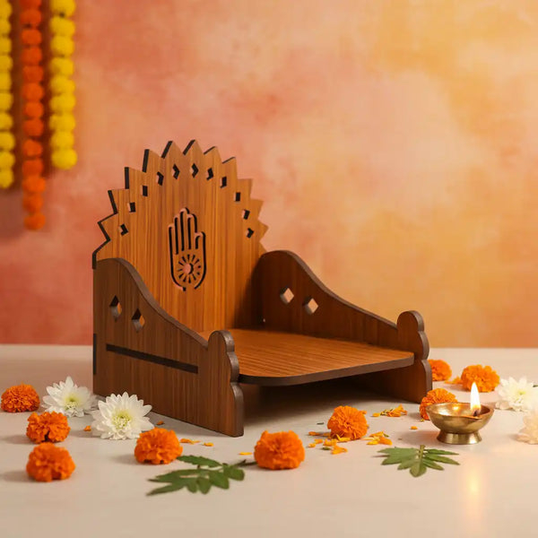 Wooden MDF Brown Singhasan/Temple/Pooja Chowki with Jainism Ahimsa Hand Symbol Mandala Backdrop