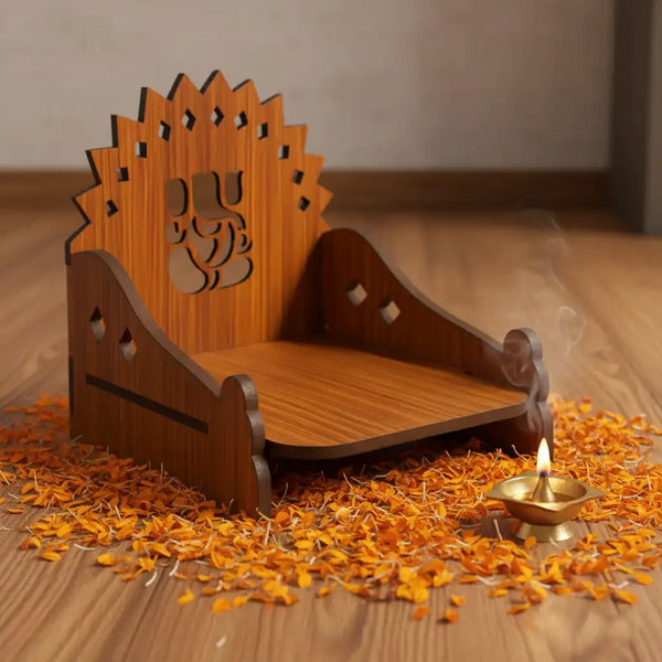 Wooden MDF Brown Singhasan/Temple/Pooja Chowki with Ganesha Mandala Backdrop