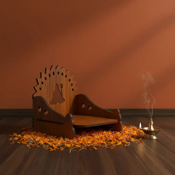 Wooden MDF Brown Singhasan/Temple/Pooja Chowki with Shiva Mandala Backdrop