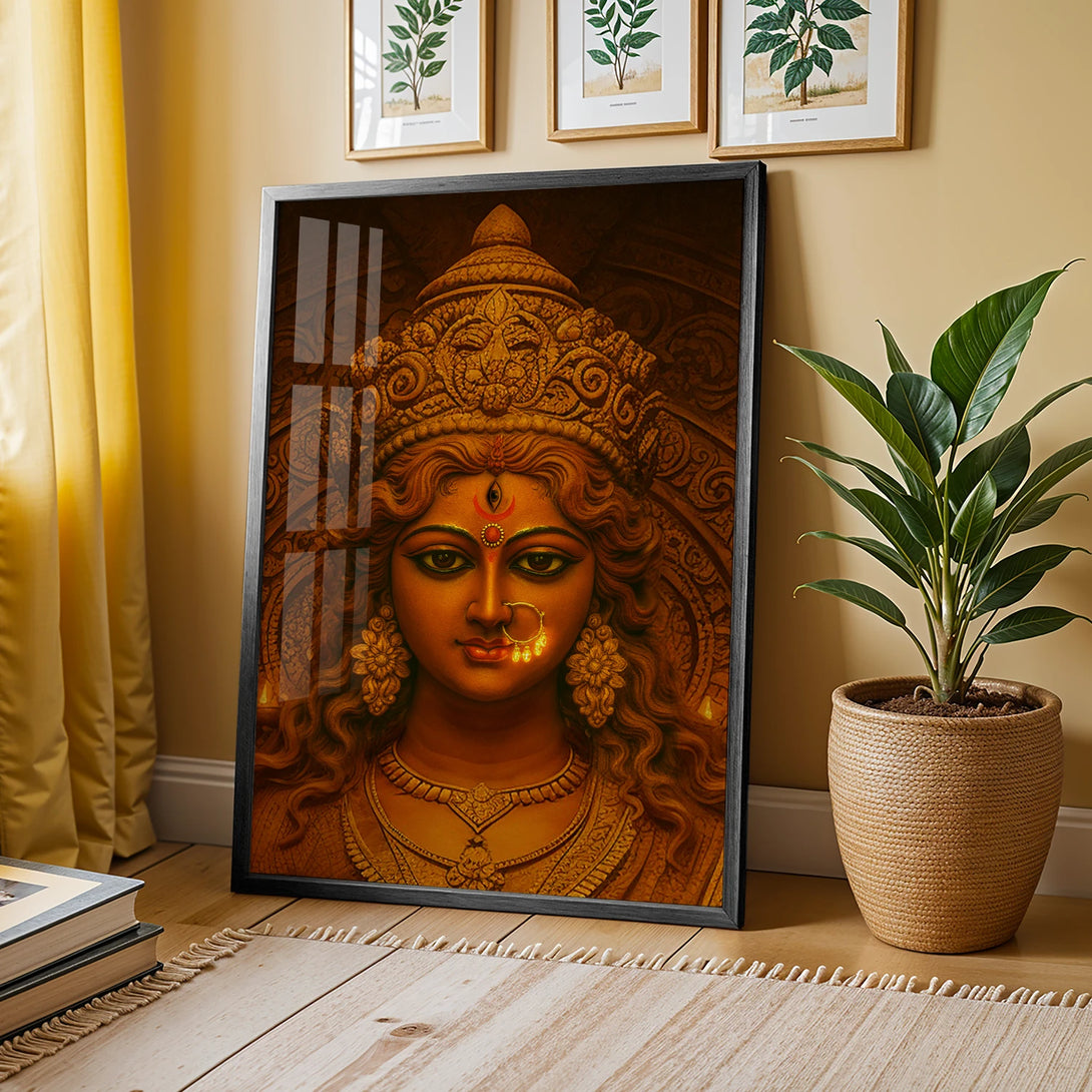 Handcrafted inspired Maa Durga artwork in sleek black frame
