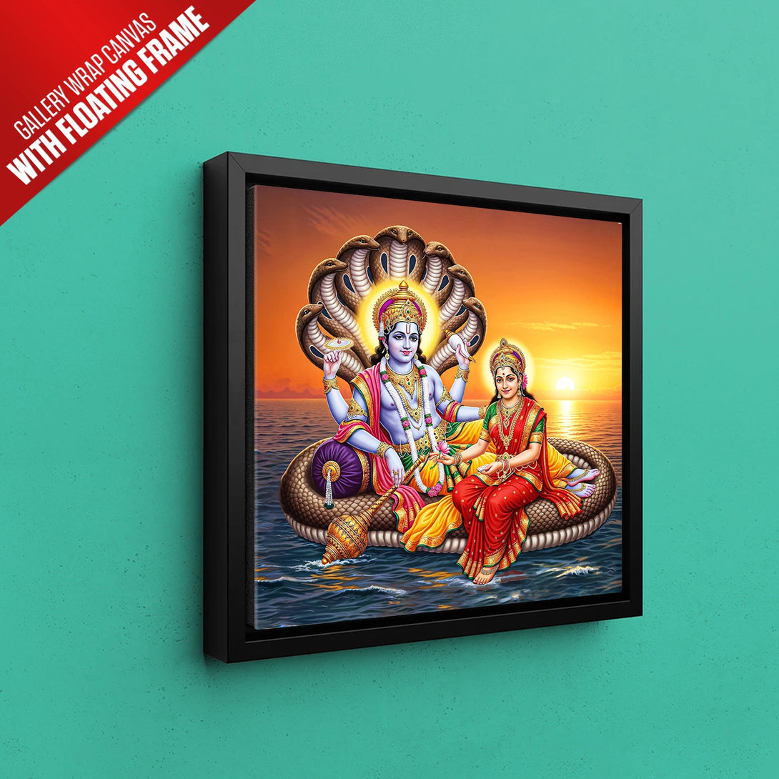 Luxurious gallery wrap canvas with floating frame of Vishnu-Lakshmi inspired spiritual artwork