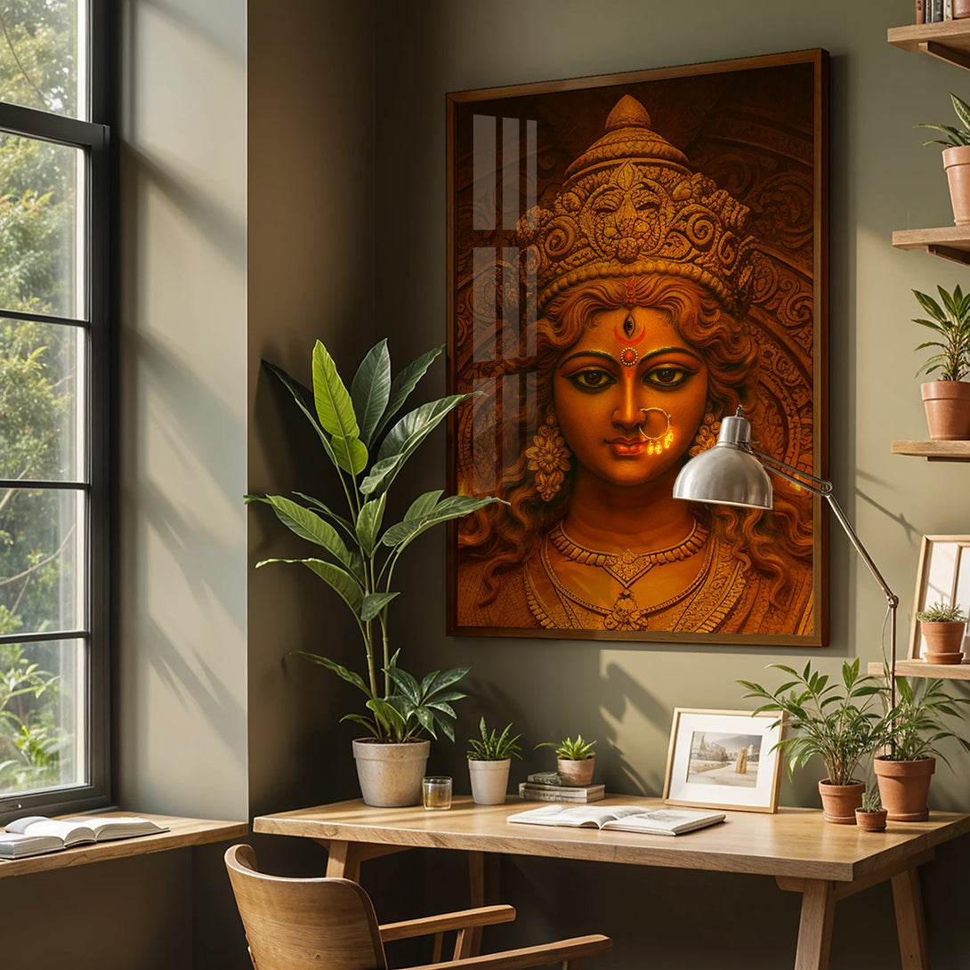 Modern Maa Durga poster print in dark brown frame for living room
