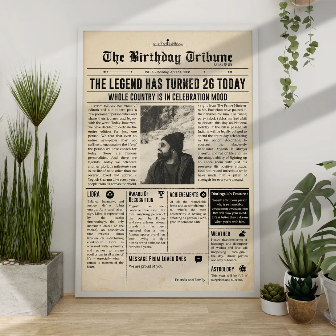 Personalized black photo frame with news-style birthday print
