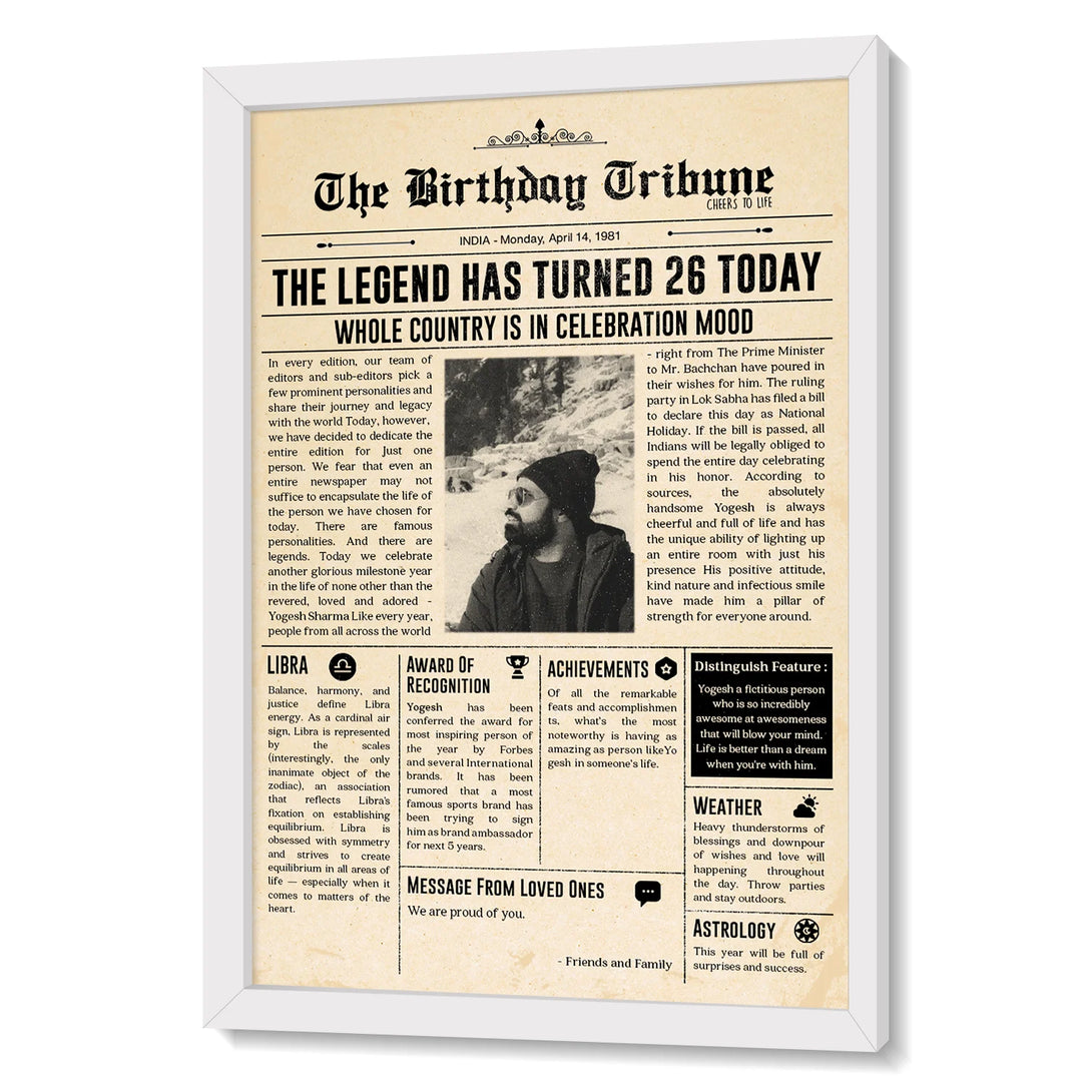 Personalized black photo frame with news-style birthday print