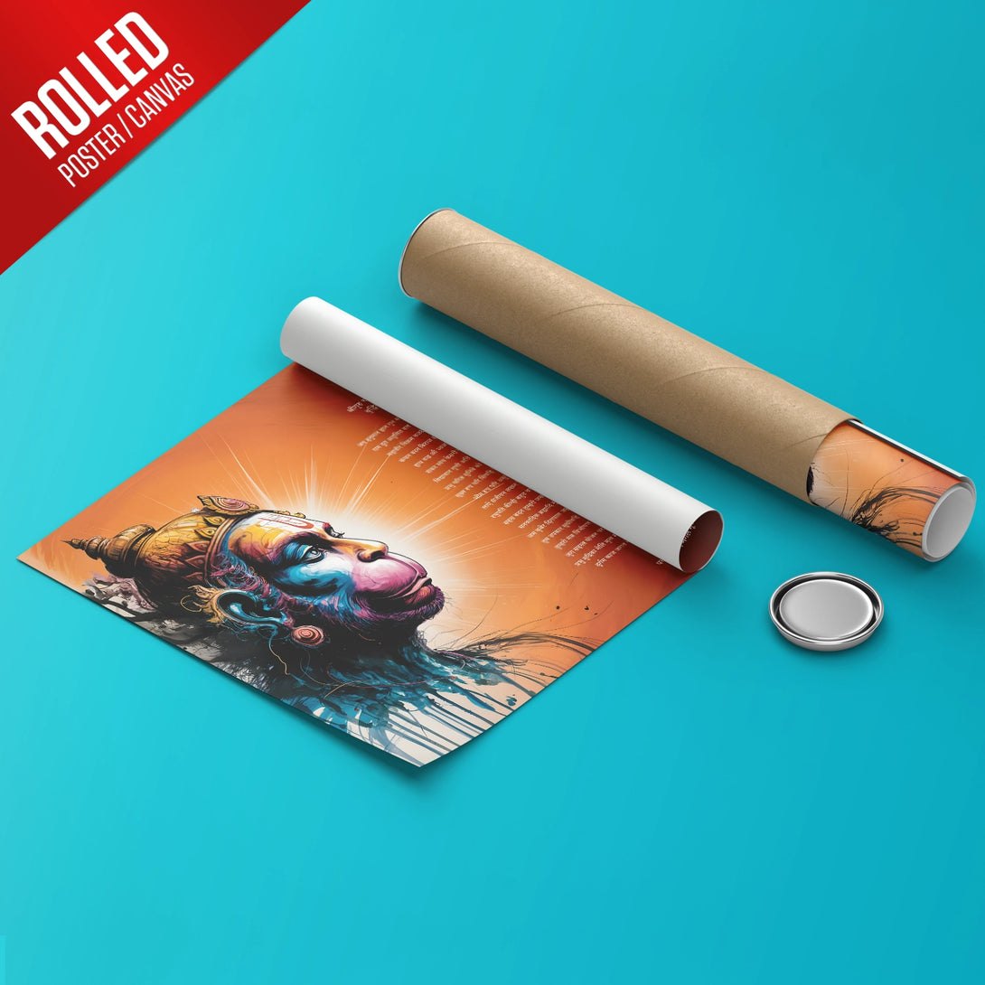 Rolled paper poster of Hanuman Chalisa with divine imagery
