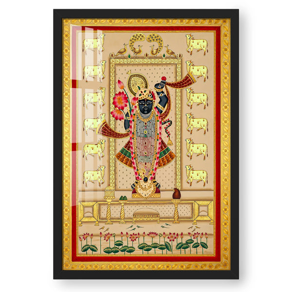 Shreenath Ji Golden Pichwai Art | Divine Lotus & Cow Theme