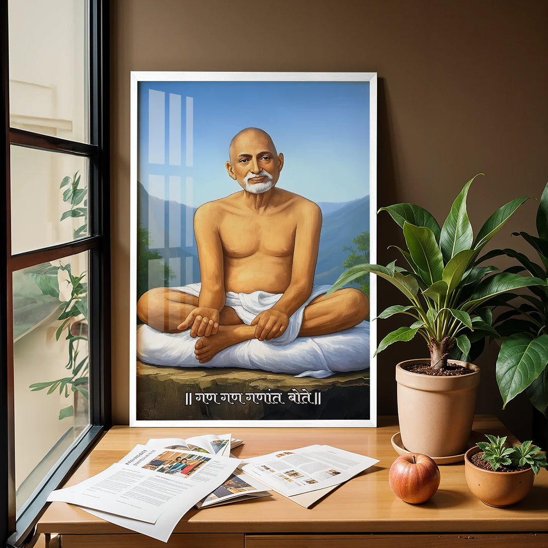 Spiritual Gajanan Maharaj Ji artwork in white frame for devotion