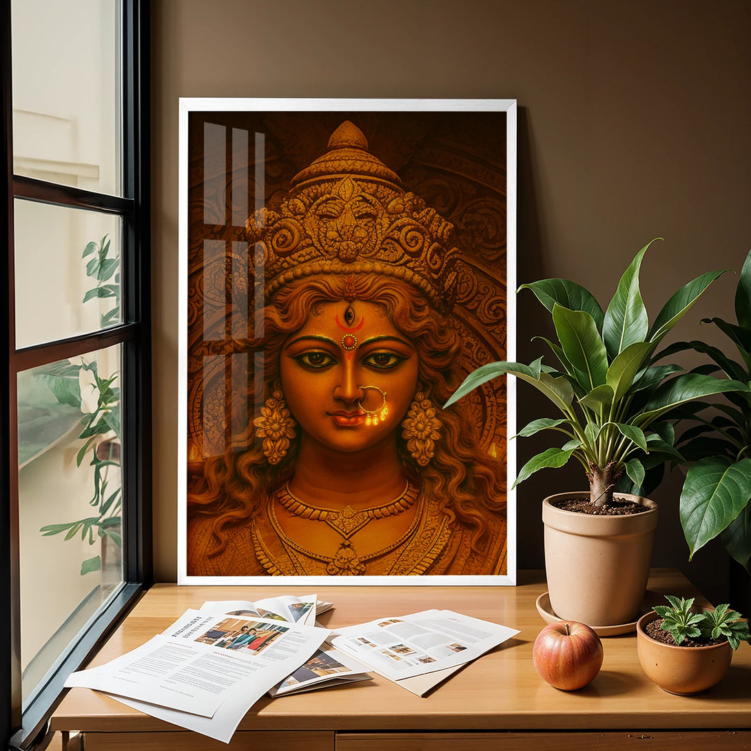 Traditional inspired Maa Durga portrait on white framed poster
