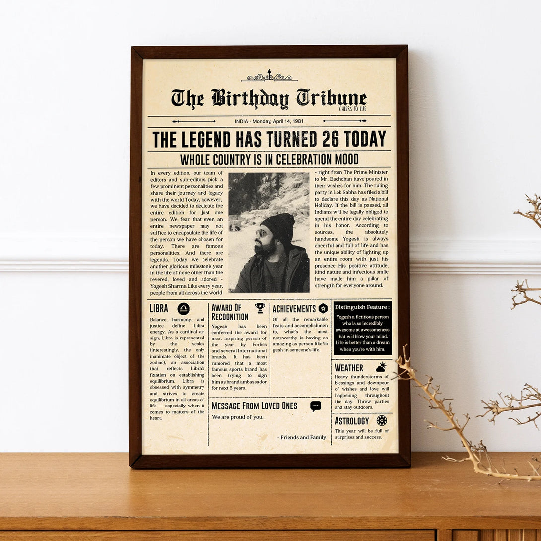 Unique birthday gift newspaper-style print with custom text
