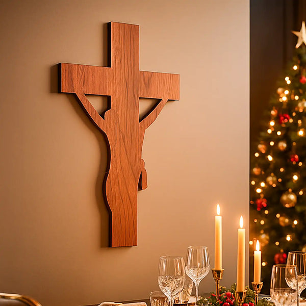 Wooden Jesus Christ Cross Symbol With Silhouette Wall Hanging