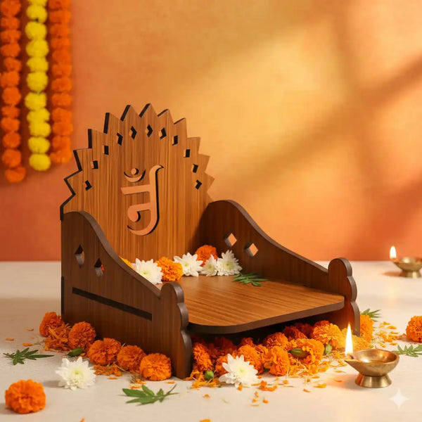 Wooden MDF Brown Singhasan/Temple/Pooja Chowki with Jainism Om Mandala Backdrop