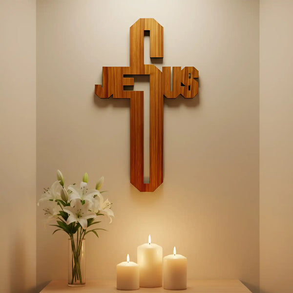 Wooden Jesus Cross Symbol with Name Design - Wall Hanging Showpiece