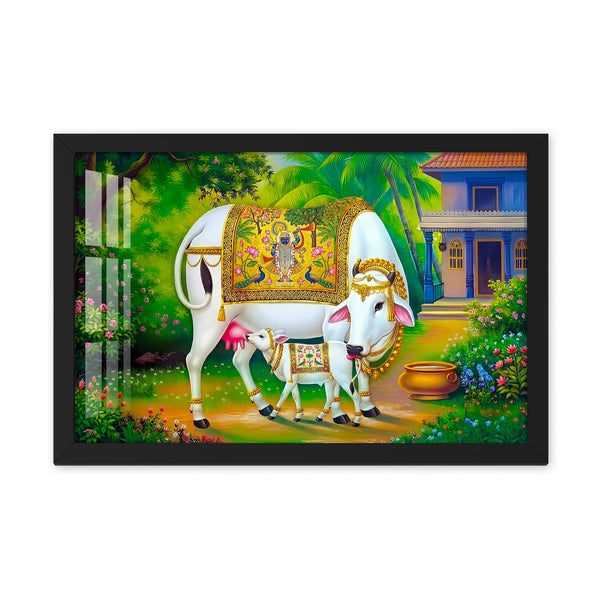 Kamdhenu with Calf Pichwai Artwork – Sacred Cow Painting Vaastu